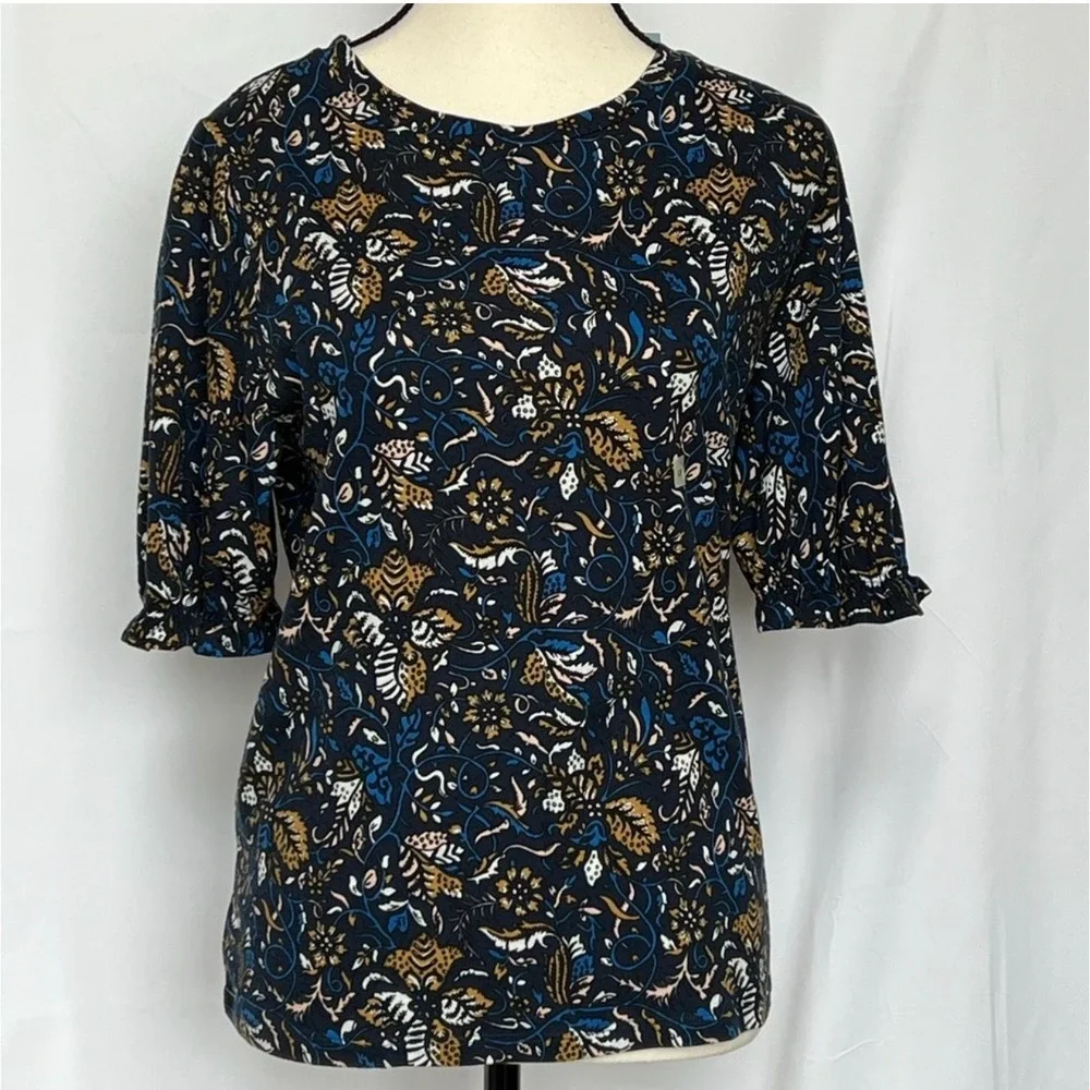 Loft NWT Floral Paisley Puff Ruffle Sleeve 100% Cotton Top Navy Blue Size Small